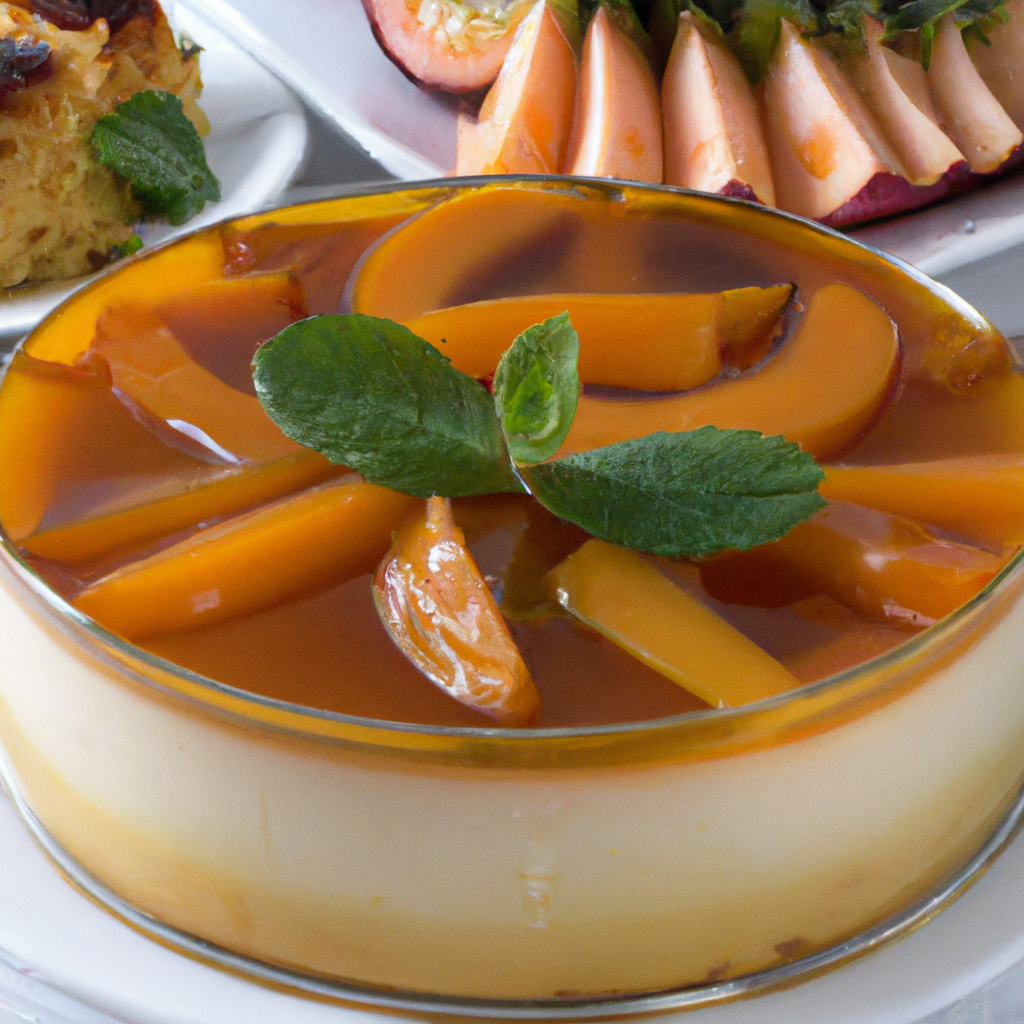 foto da receita Flan de Pêssego com Calda de Hortelã								